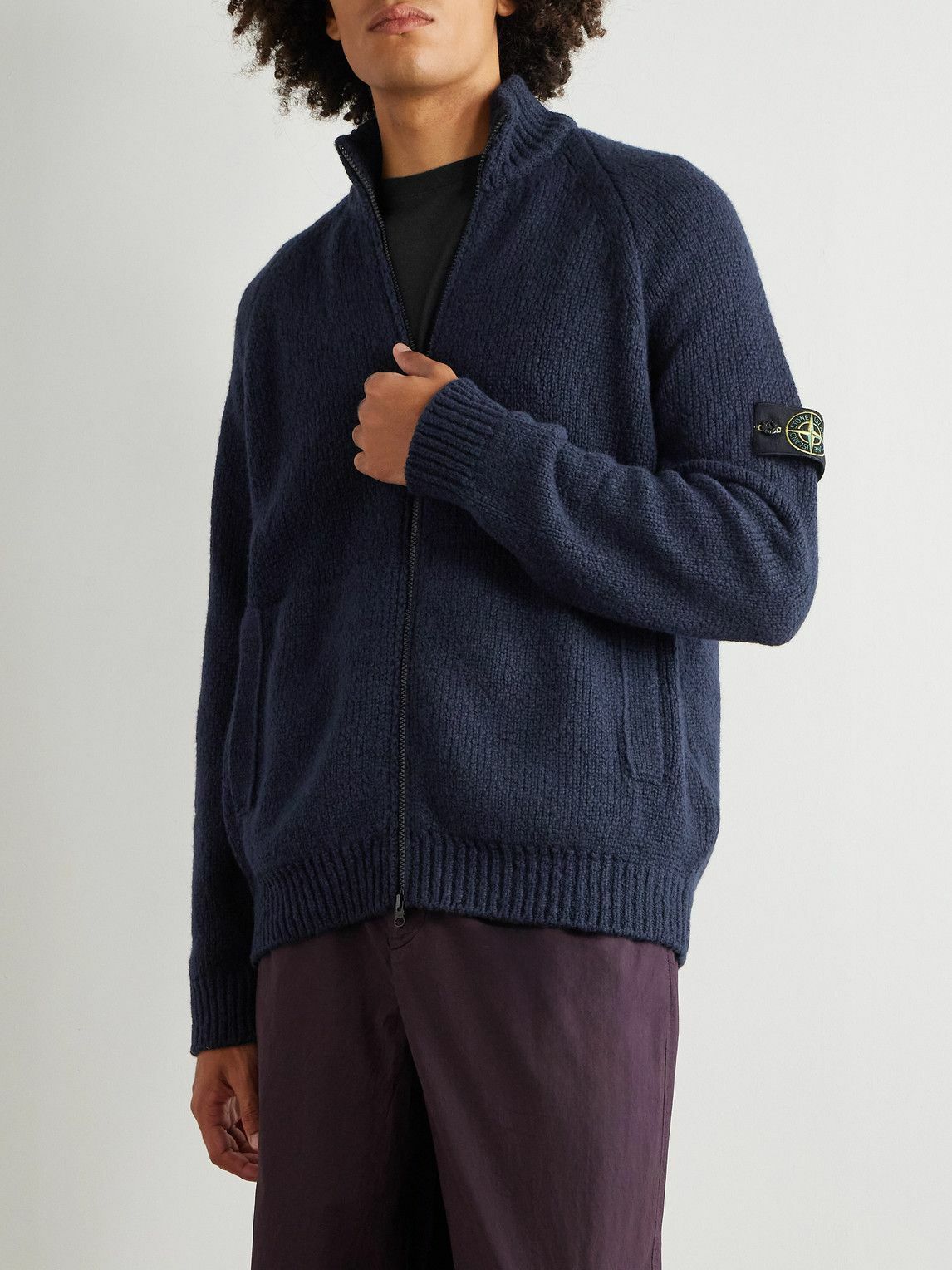 Stone Island - Logo-Appliquéd Knitted Zip-Up Cardigan - Blue Stone