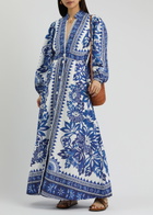 Farm Rio Flora Tapestry Printed Linen-blend Maxi Dress Blue