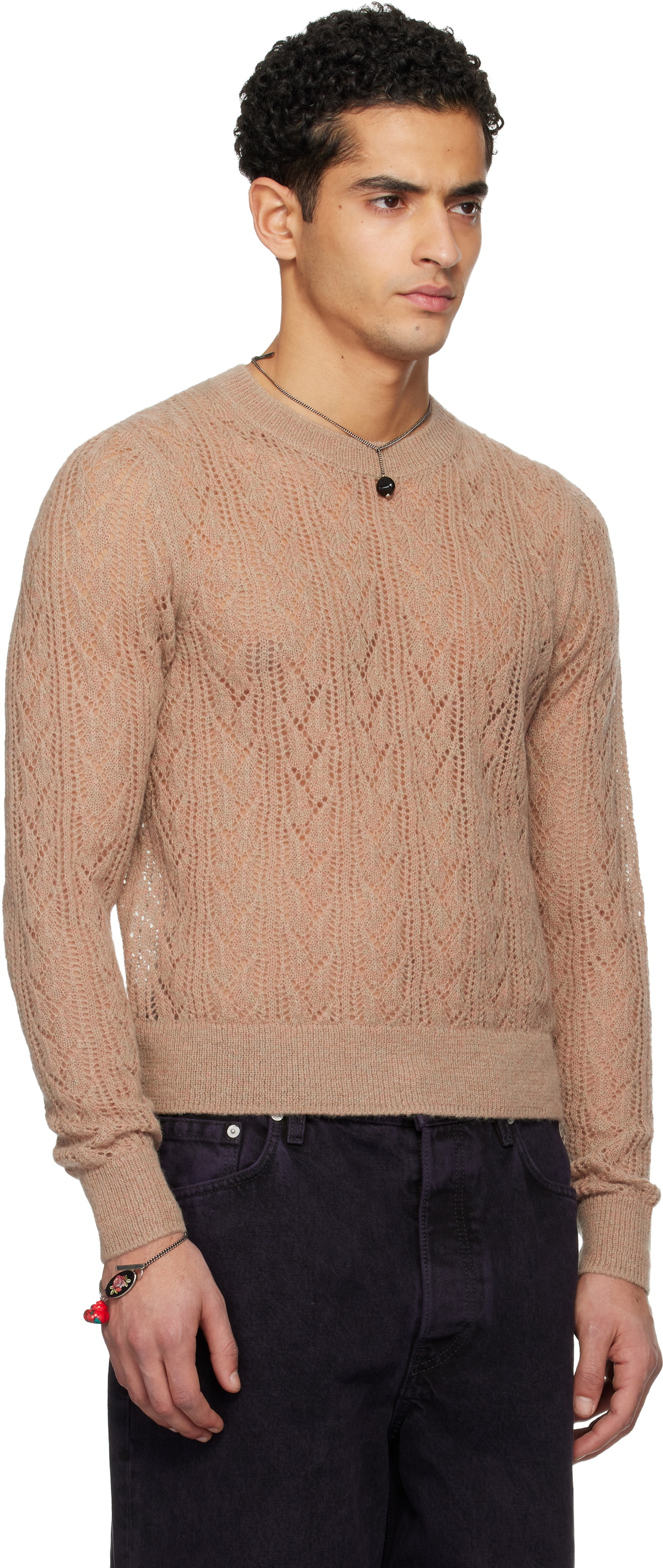 Dries Van Noten Taupe Lace Stitch Alpaca Sweater