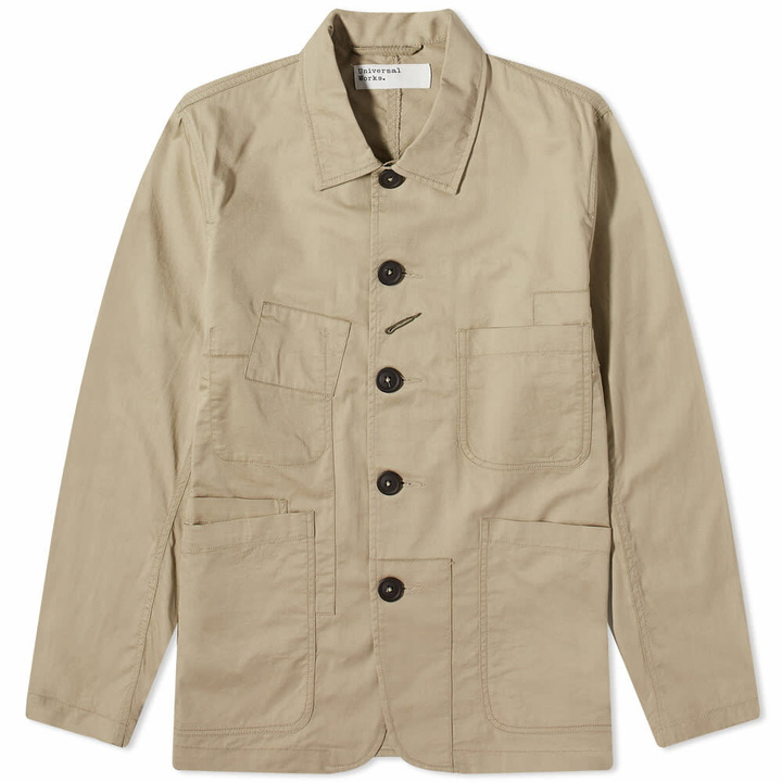 Photo: Universal Works Men's Fine Twill Patched Bakers Jacket in Stone