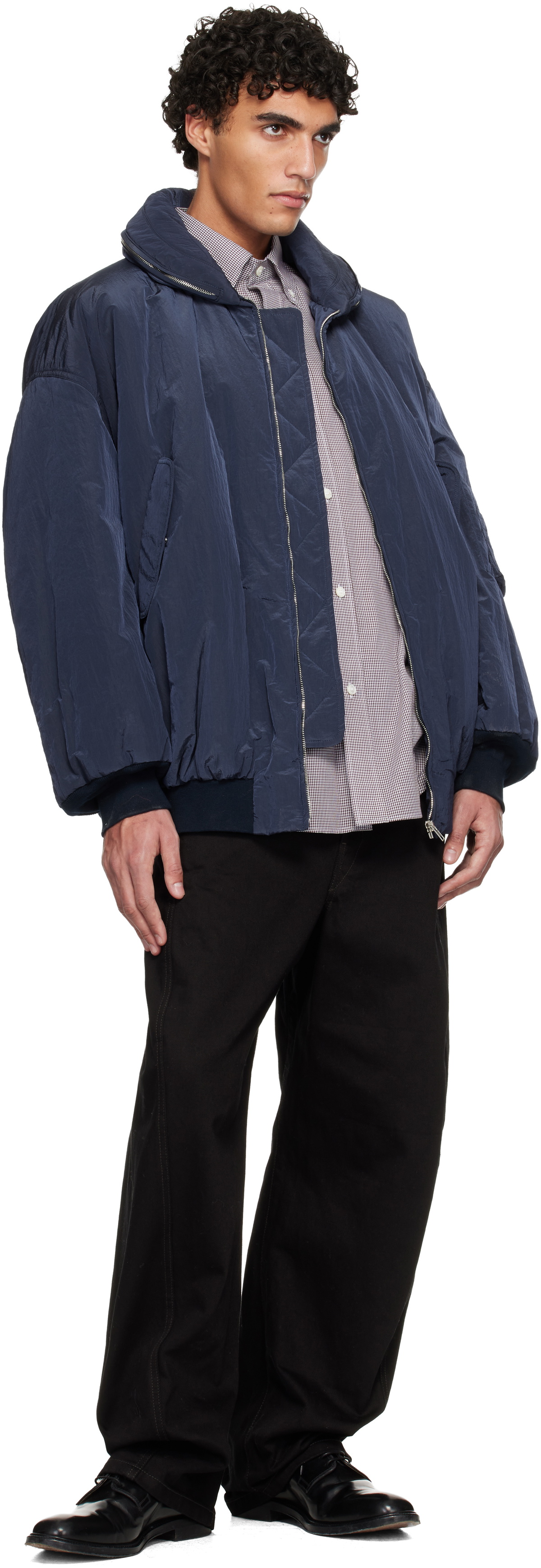 Hed Mayner Navy Crinkled Bomber Jacket Hed Mayner