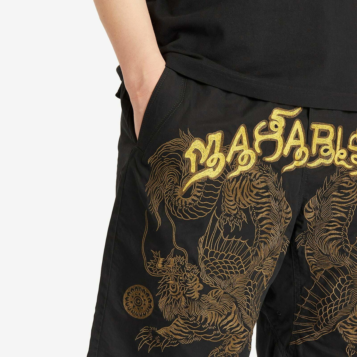 Maharishi Men's Muay Thai Embroidered Tiger Dragon Shorts in Black