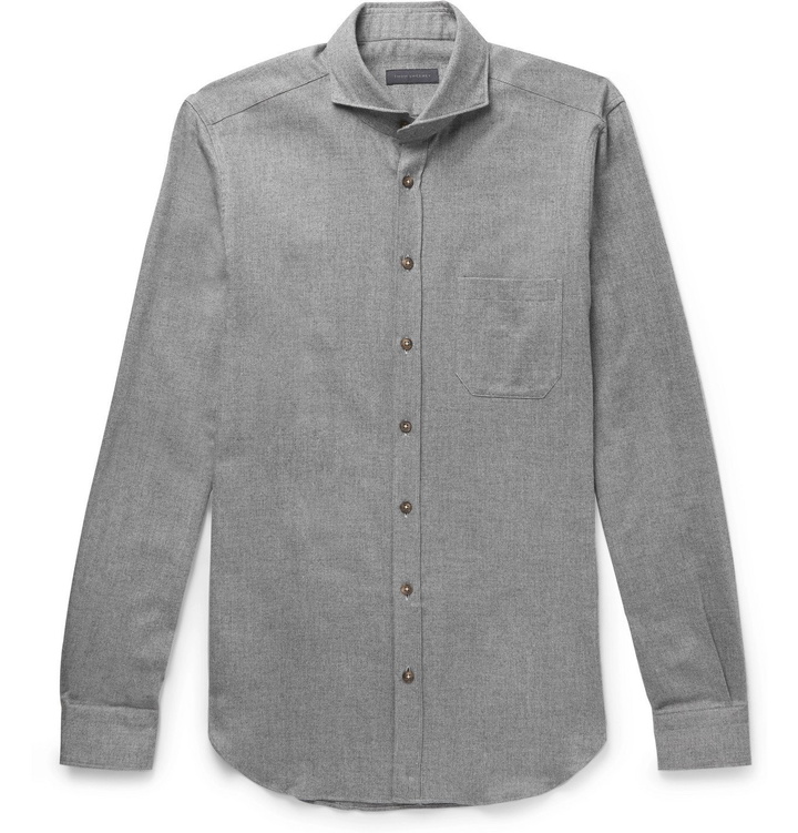 Photo: Thom Sweeney - Venus Cutaway-Collar Herringbone Cotton-Flannel Shirt - Gray