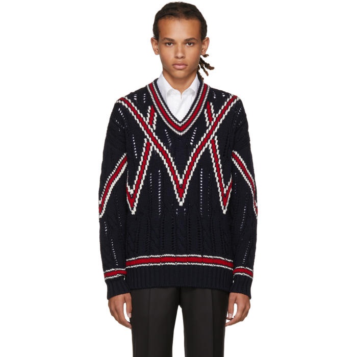 Photo: Brioni Navy Cable Knit V-Neck Sweater