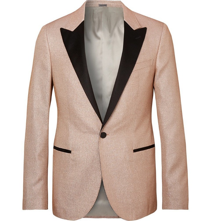 Photo: Lanvin - Champagne Slim-Fit Satin-Trimmed Glittered Woven Tuxedo Jacket - Pink