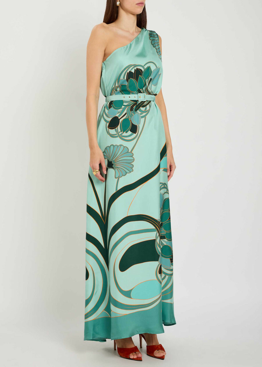 LA Double J Roy Printed Belted Silk Maxi Dress Blue