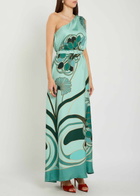 LA Double J Roy Printed Belted Silk Maxi Dress Blue