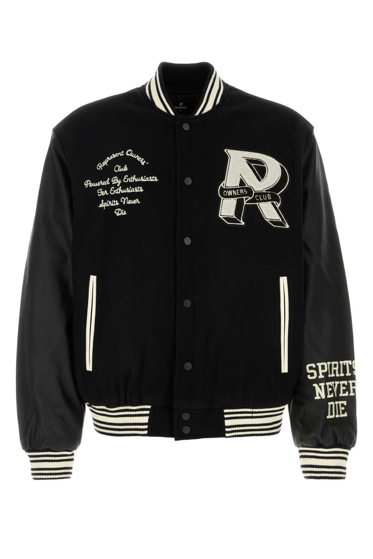 Represent Black Mascot Wool Varsity Bomber Jacket Represent