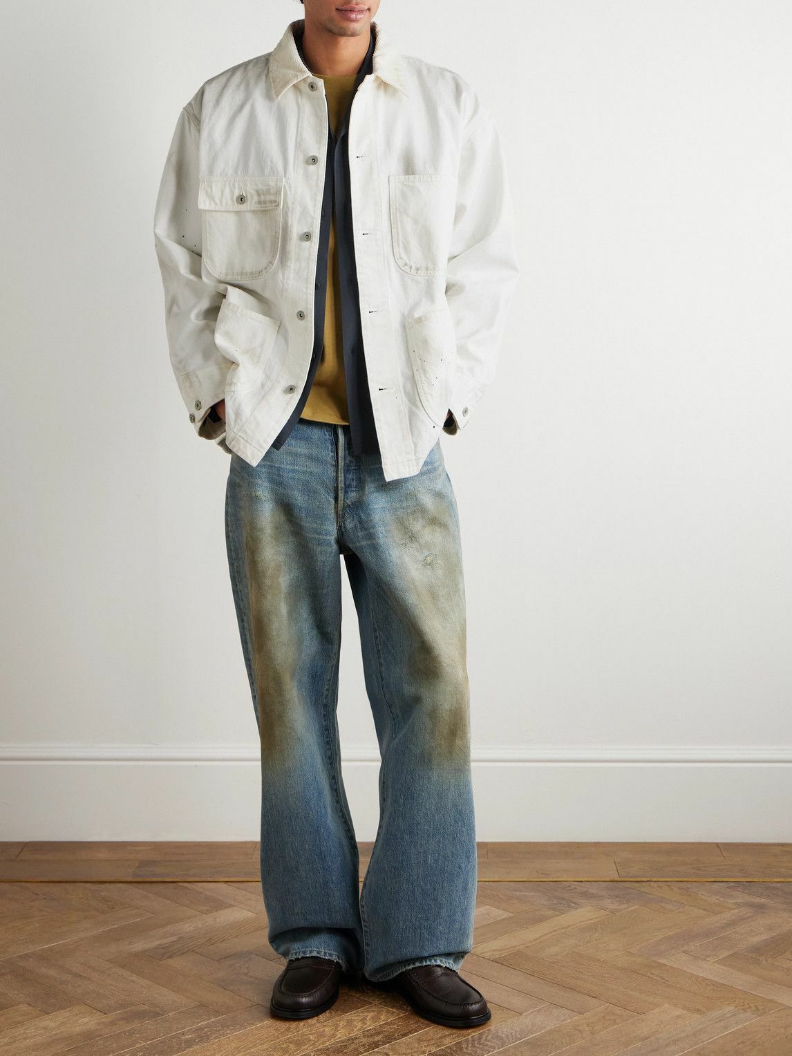Neighborhood - Corduroy-Trimmed Paint-Splattered Denim Jacket - White