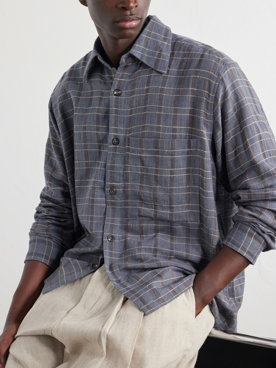 Kartik Research - Checked Cotton and Silk-Blend Shirt - Blue