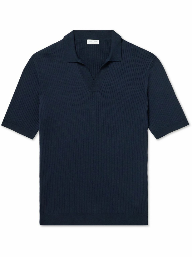 Photo: Sunspel - Ribbed Mulberry Silk and Organic Cotton-Blend Polo Shirt - Blue