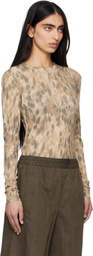GANNI Beige Printed Marl Mesh Long-Sleeve T-shirt