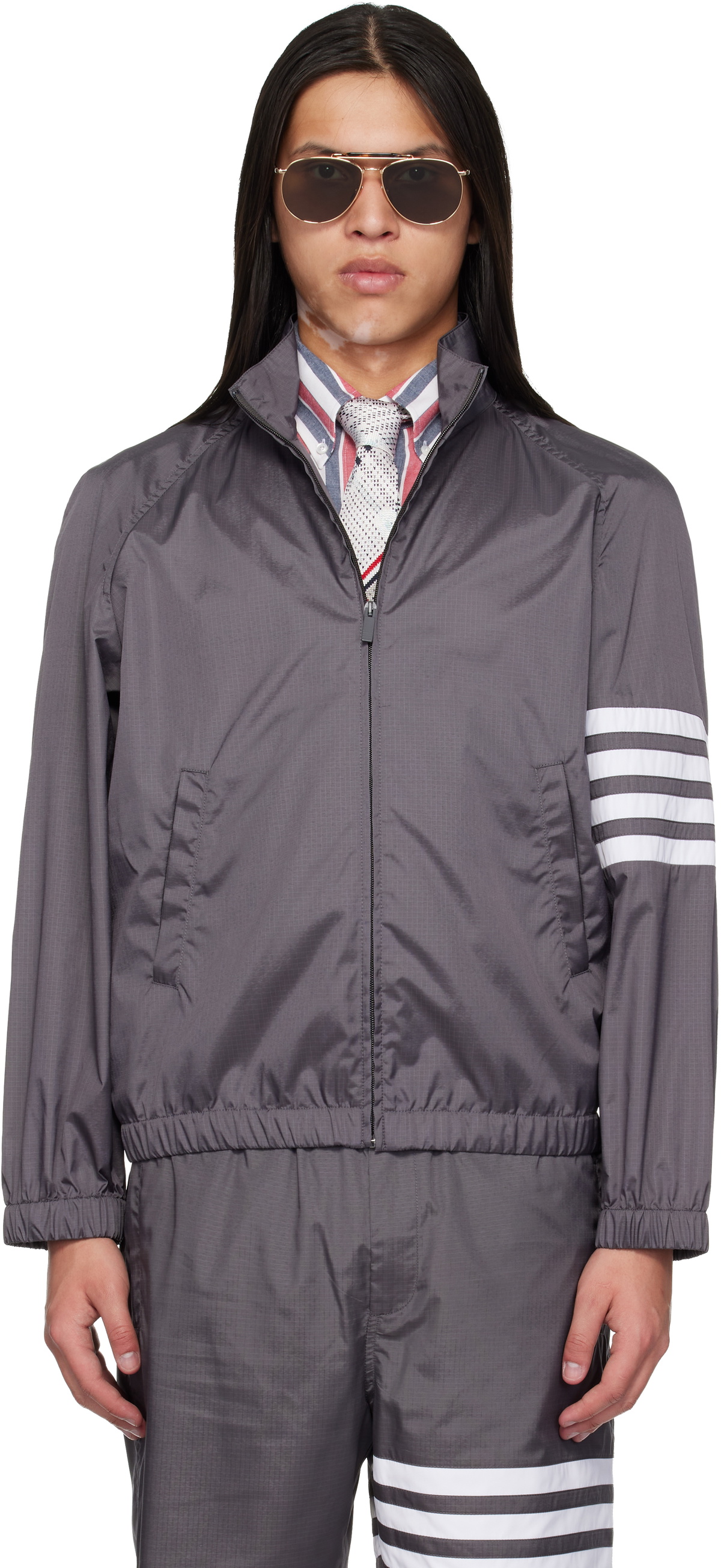 Thom Browne Gray Shiny Ripstop Raglan 4-Bar Track Jacket