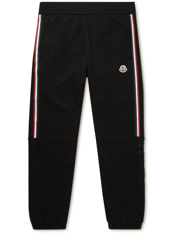Photo: Moncler - Tapered Logo-Appliquéd Striped Cotton-Jersey Sweatpants - Black