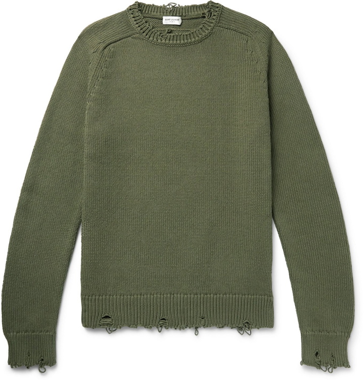 Photo: SAINT LAURENT - Distressed Cotton Sweater - Green