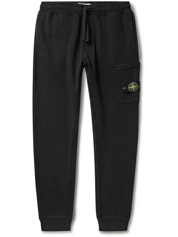 Photo: Stone Island - Slim-Fit Tapered Logo-Appliquéd Cotton-Jersey Cargo Sweatpants - Black