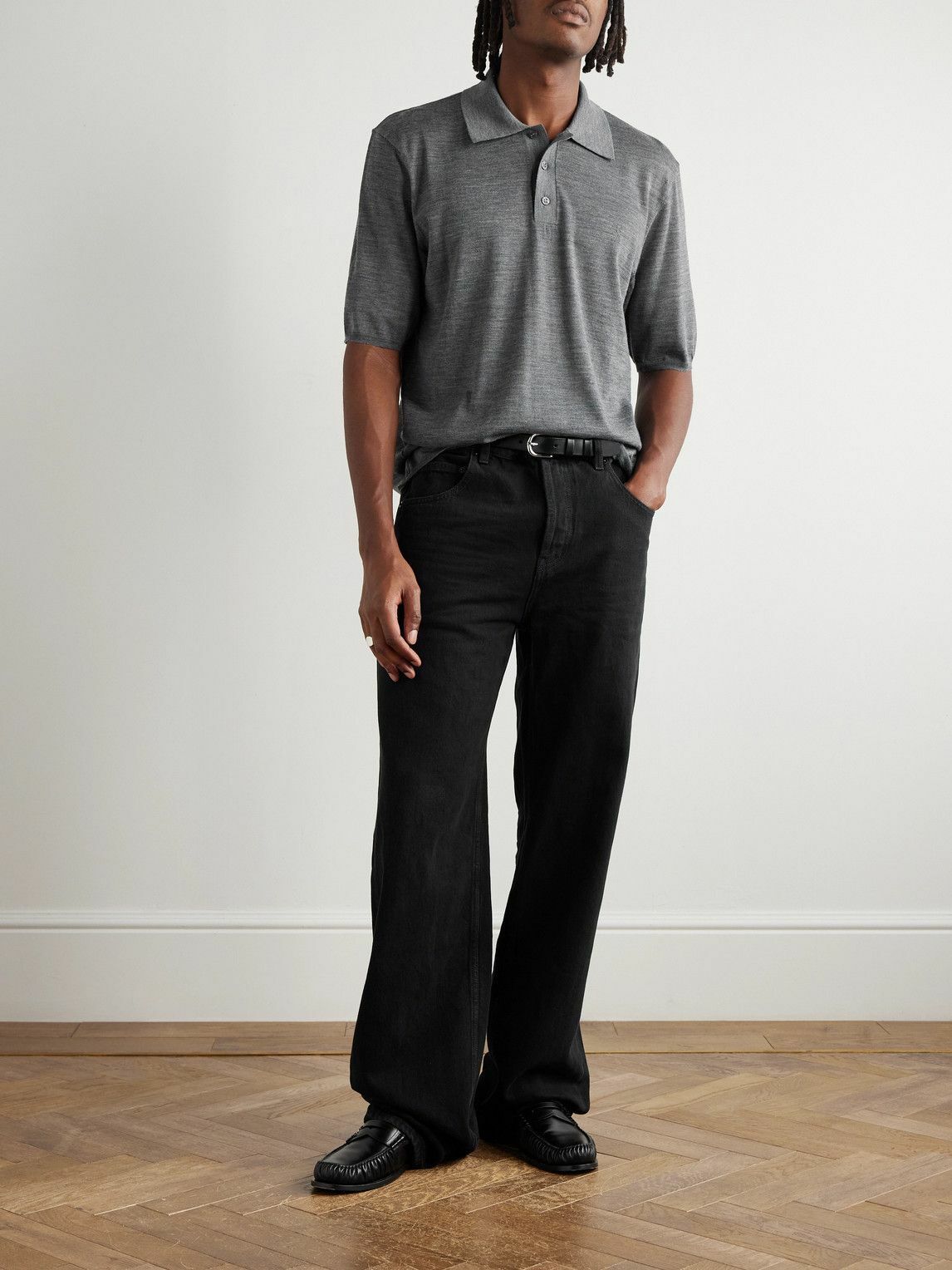 SAINT LAURENT - Cassandre Logo-Embroidered Wool Polo Shirt - Gray