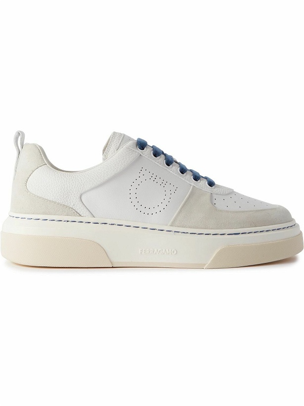 Photo: FERRAGAMO - Suede-Trimmed Perforated Leather Sneakers - White