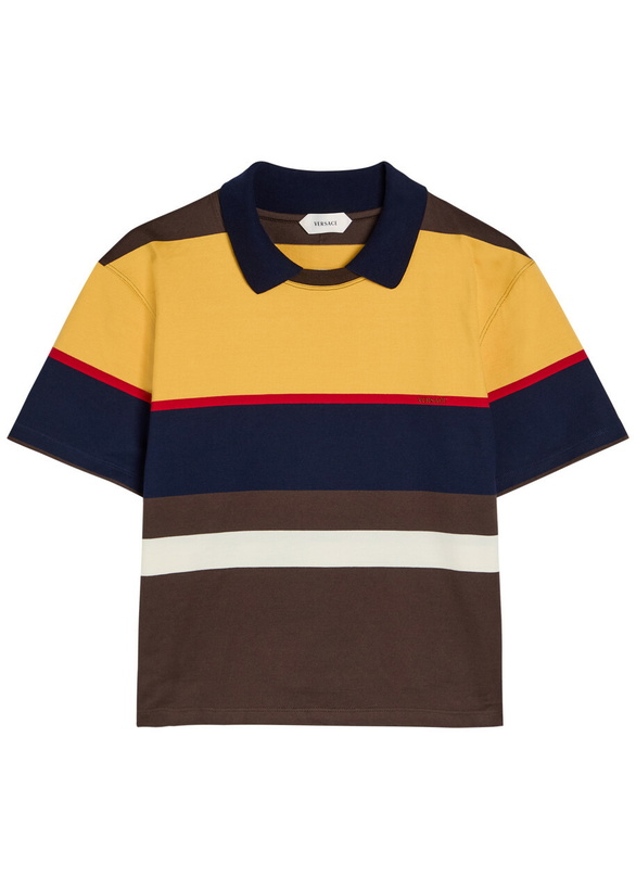 Photo: Versace Logo-embroidered Striped Cotton Polo T-shirt Brown
