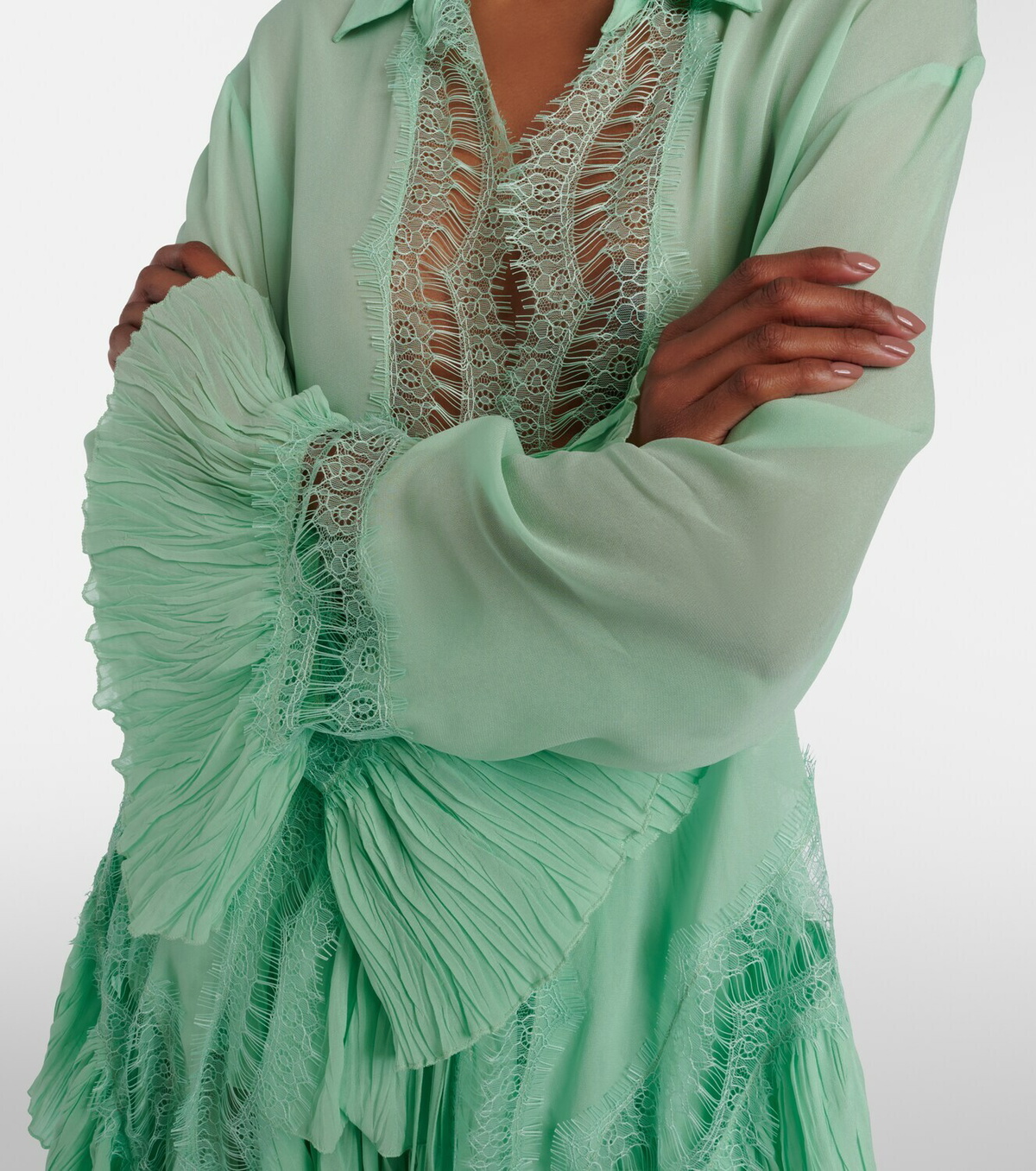 Blumarine Lace-trimmed sheer georgette shirt