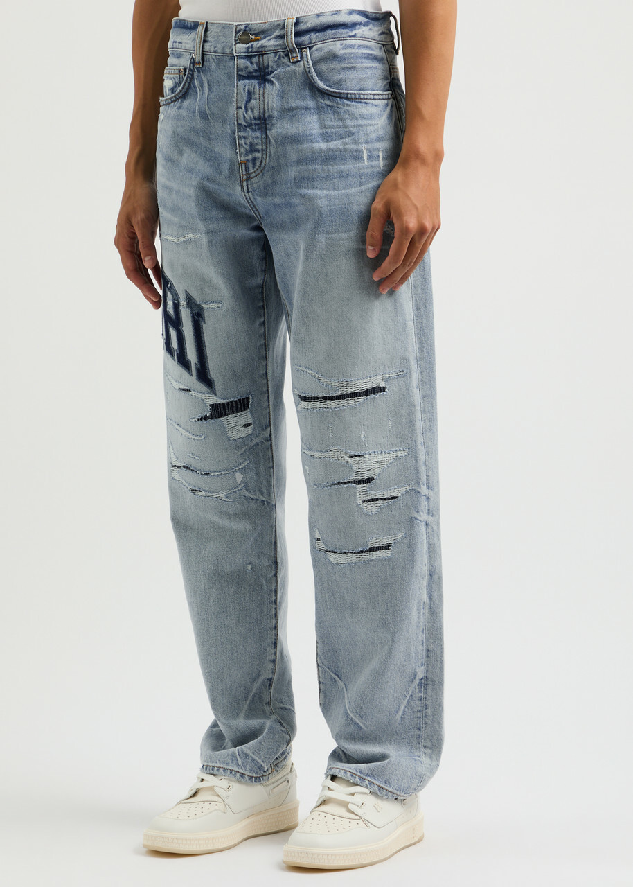 Amiri Logo Distressed Straight-leg Jeans Blue Amiri