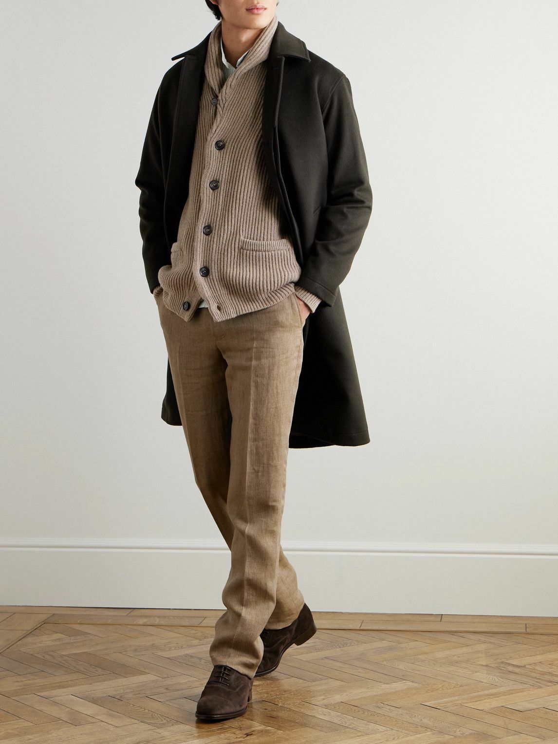 Kingsman - Shawl-Collar Ribbed Wool and Cashmere-Blend Cardigan - Neutrals