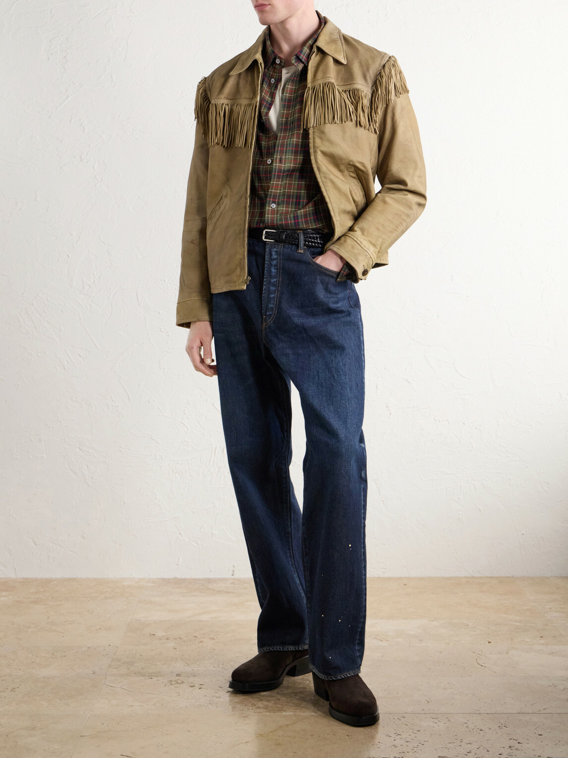 RRL - Elkhorn Fringed Suede-Trimmed Leather Jacket - Green