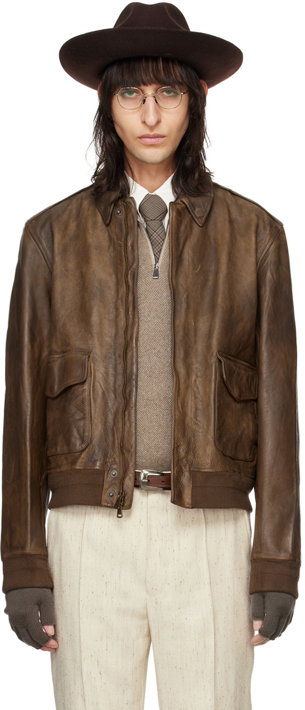 Ralph Lauren Purple Label Brown Ridley Leather Bomber Jacket