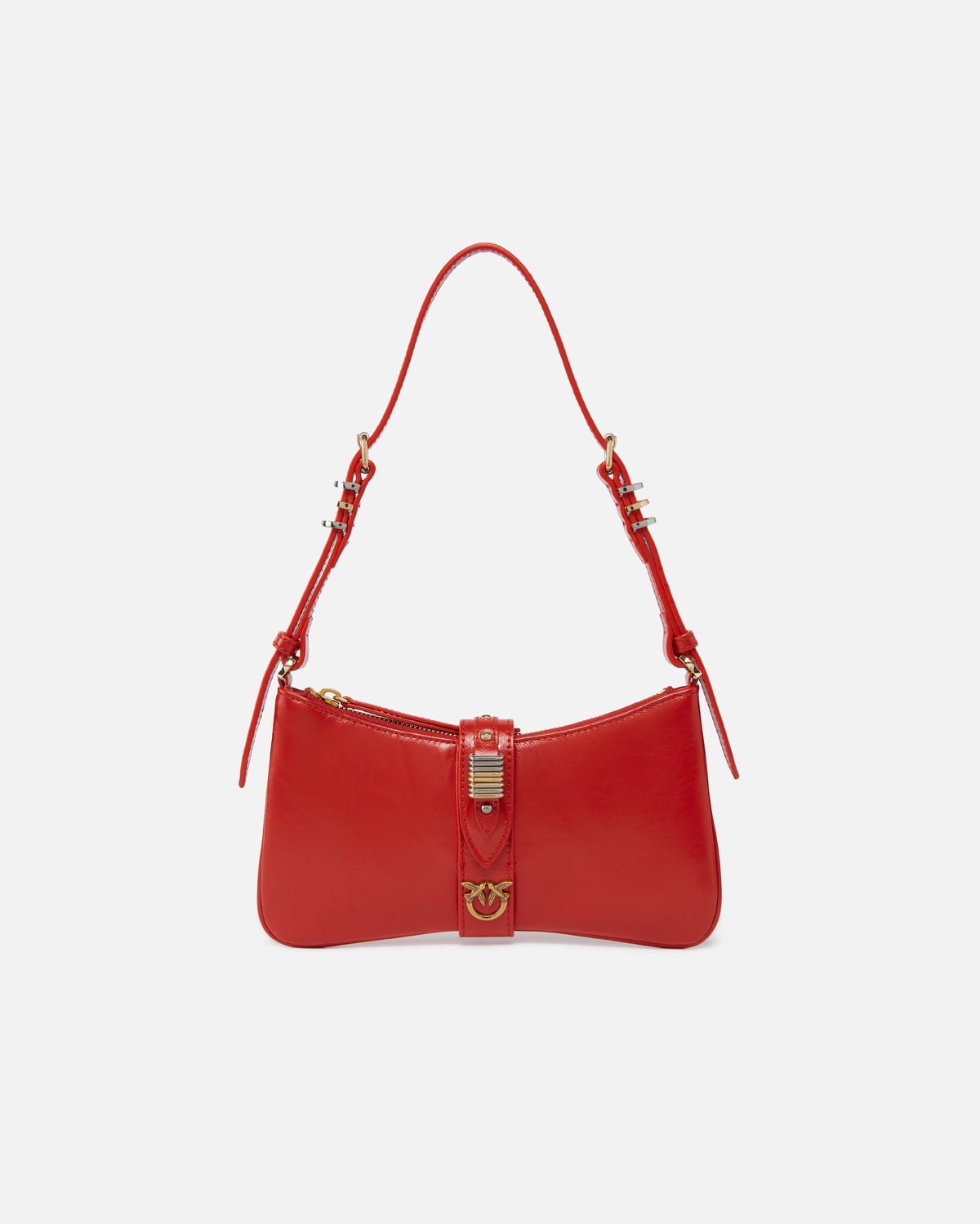 Pinko Shiny Leather Shoulder Bag With Rings Red Antique Gold Pinko