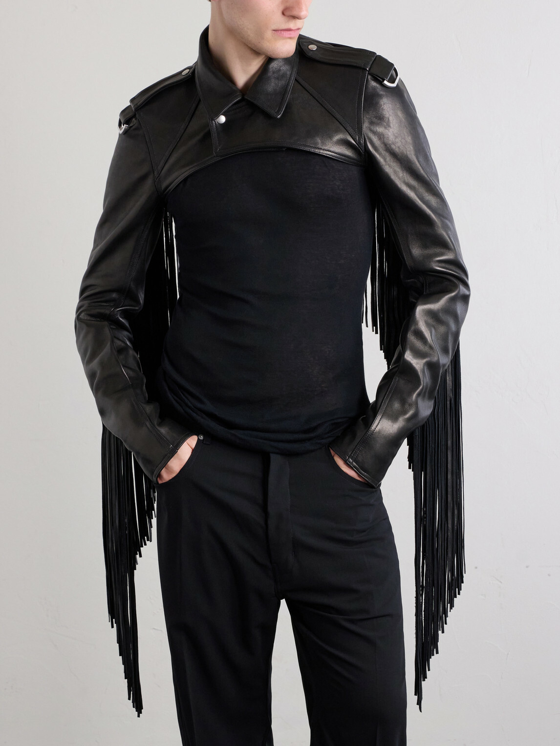 Rick Owens - Microbiker Cropped Fringed Leather Jacket - Black
