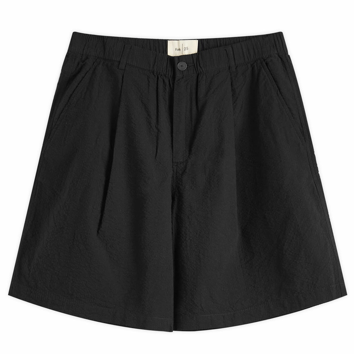 Photo: Folk Men's Elasticated Wide Fit Shorts in Black Seersucker