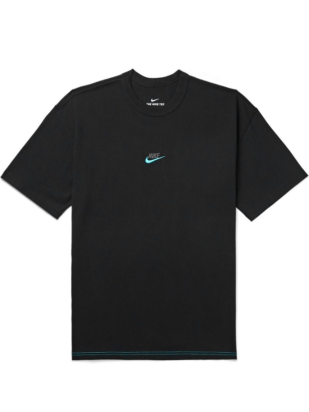 Photo: NIKE - Sportswear Premium Essential Logo-Embroidered Cotton-Jersey T-Shirt - Black