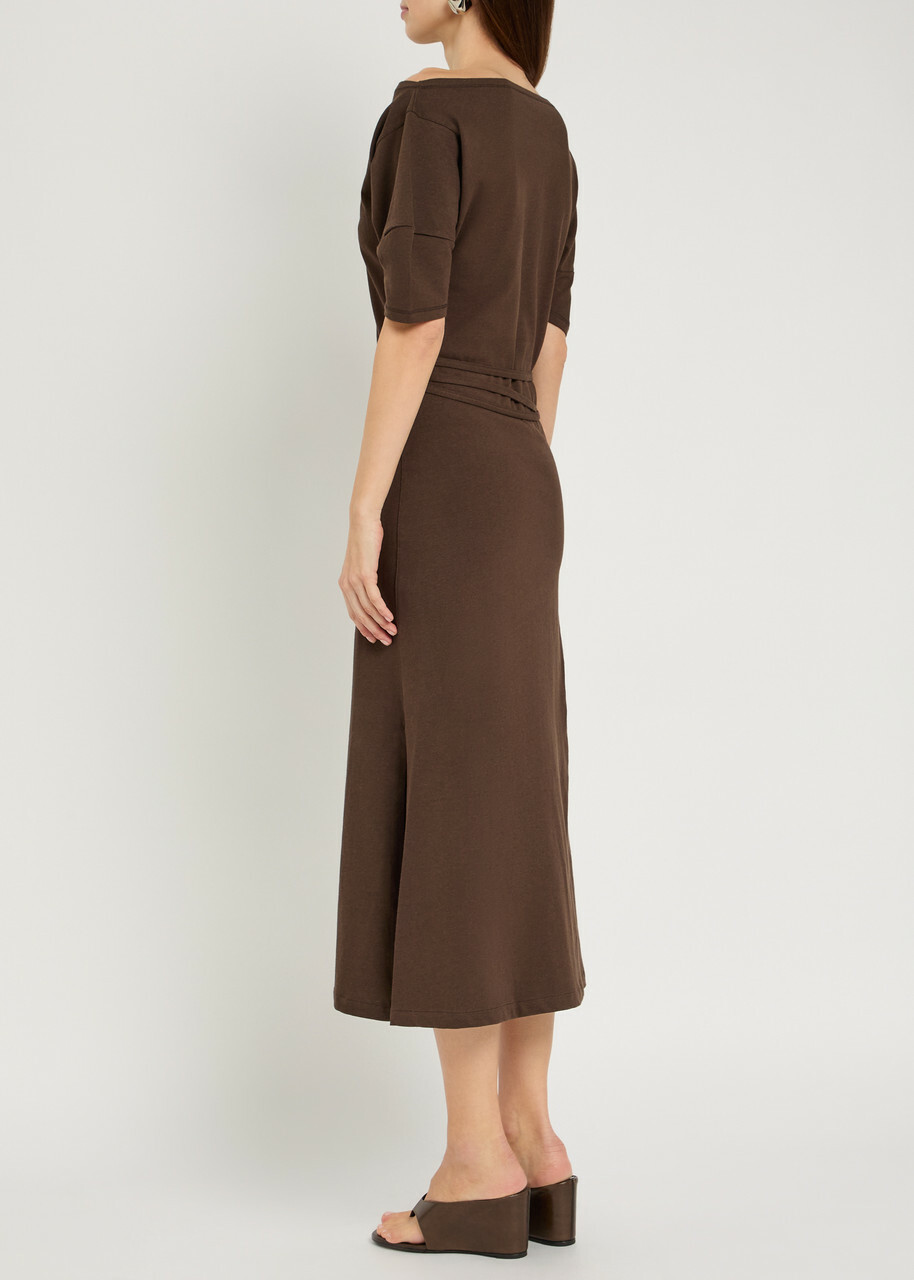 Lemaire Belted Off-the-shoulder Cotton-blend Midi Dress Dark Brown