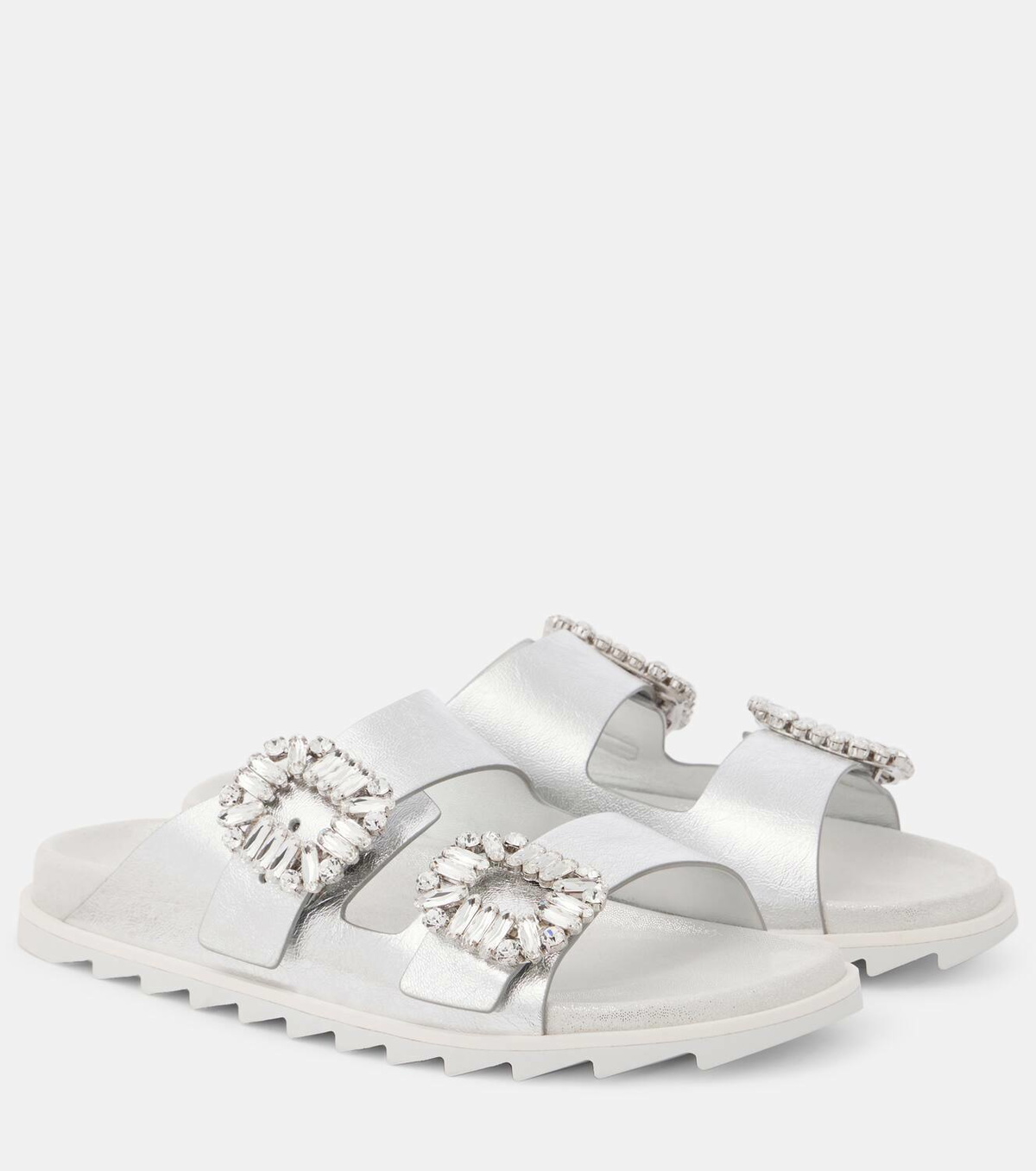 Roger Vivier Crystal-embellished metallic leather slides