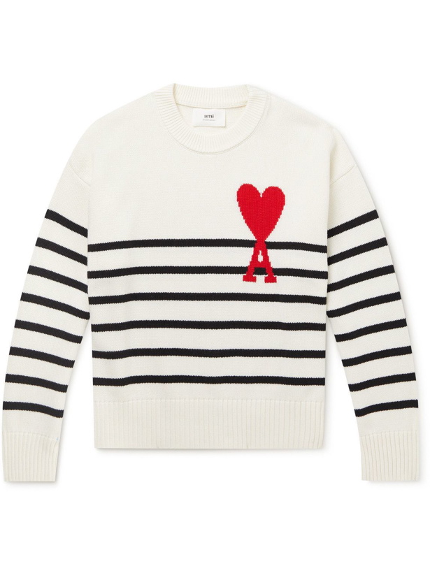 Photo: AMI PARIS - Logo-Intarsia Striped Organic Cotton and Wool-Blend Sweater - White