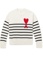 AMI PARIS - Logo-Intarsia Striped Organic Cotton and Wool-Blend Sweater - White