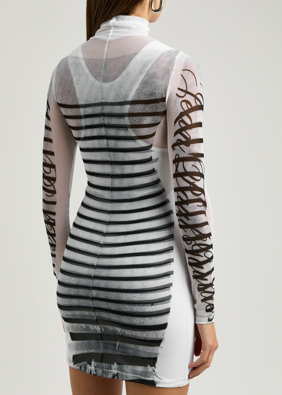 jean paul gaultier mariniere tattoo mini dress Jean Paul Gaultier Sailor Tattoo Printed Tulle Mini Dress in Natural