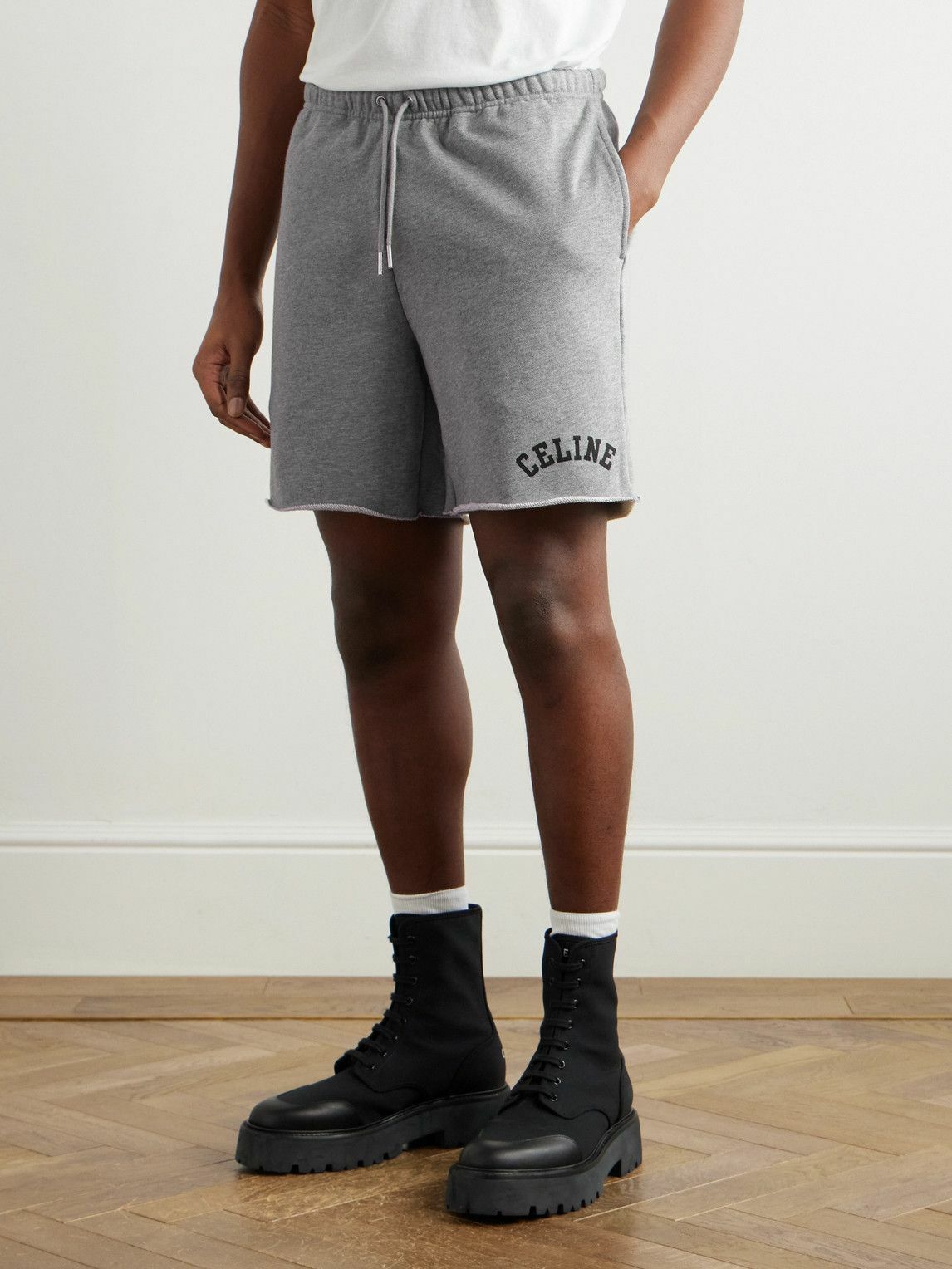 CELINE - Wide-Leg Logo-Print Cotton-Jersey Shorts - Gray