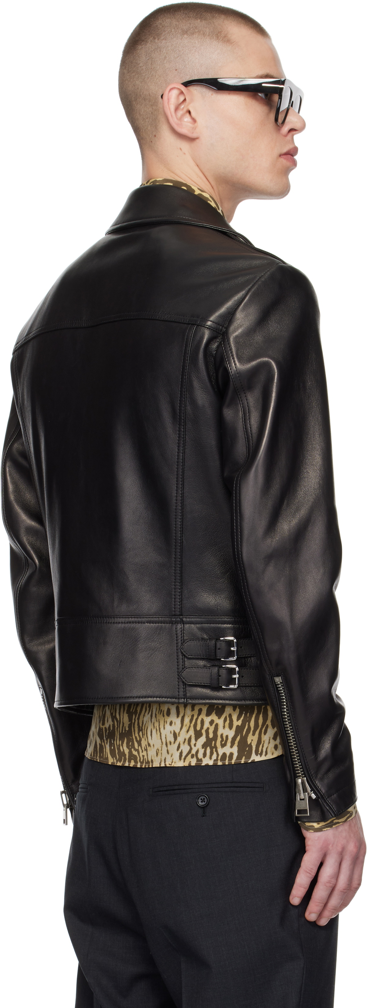 TOM FORD Black Grain Leather Asymmetric Biker Jacket