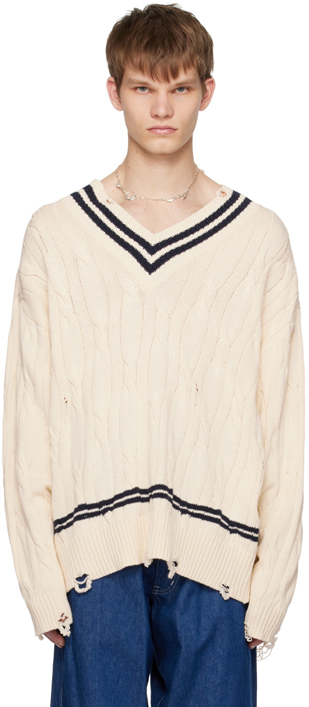 Youth Off-White & Navy Damaged Sweater
