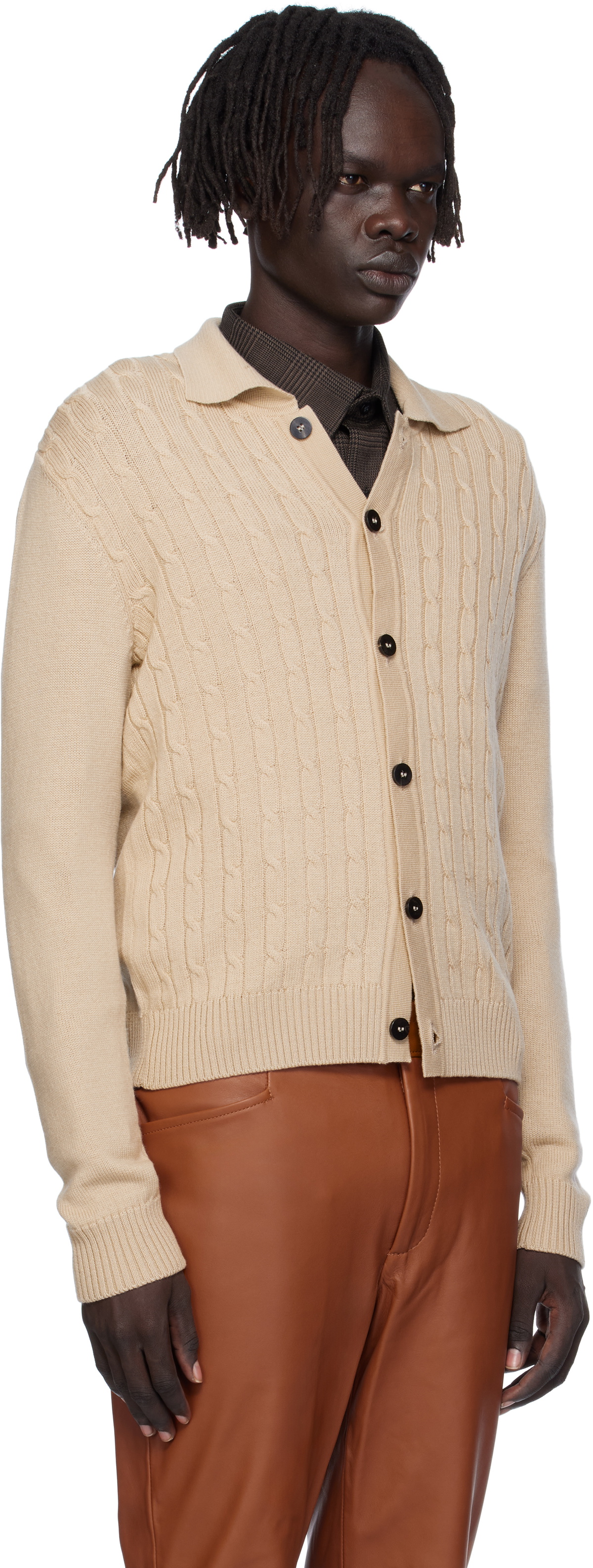 Ernest W. Baker Beige Cable-Knit Polo Cardigan