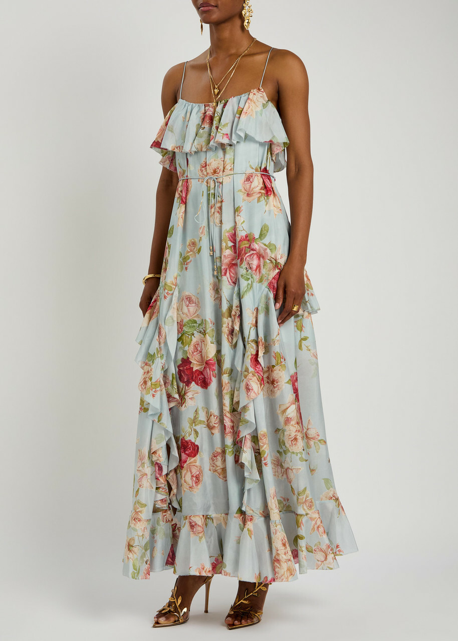 Zimmermann Roselight Floral-print Ruffled Silk Maxi Dress Blue