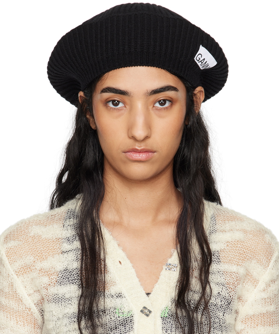 GANNI Black Wool Rib Knit Beret GANNI