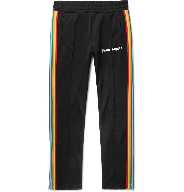 Photo: Palm Angels - Slim-Fit Logo-Print Webbing-Trimmed Tech-Jersey Track Pants - Black