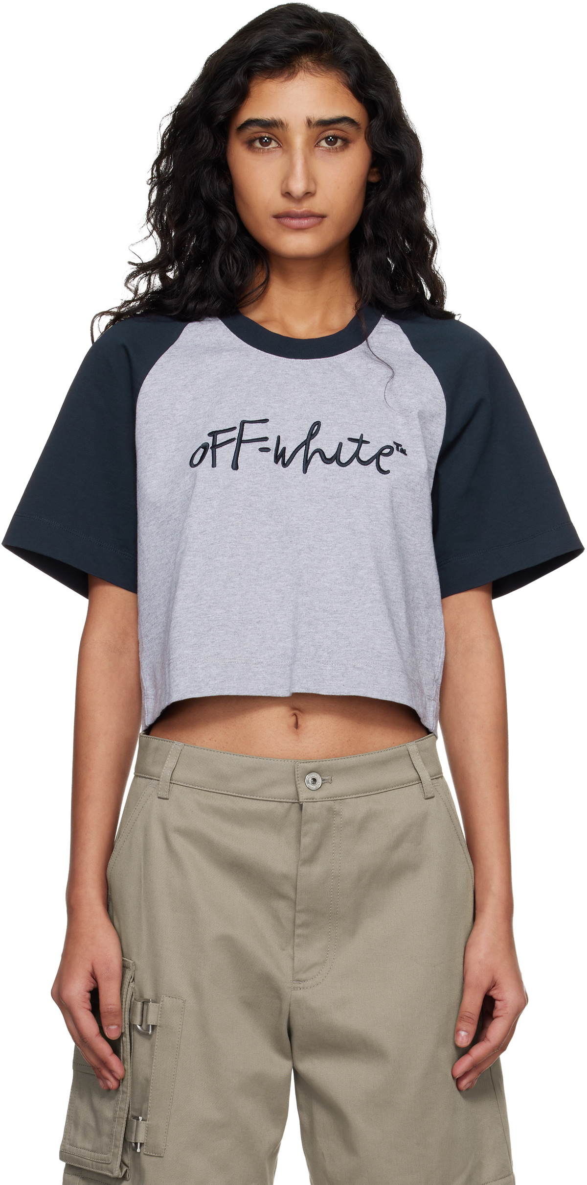 Off-White Gray & Navy 'OW' Embroidered Script T-shirt