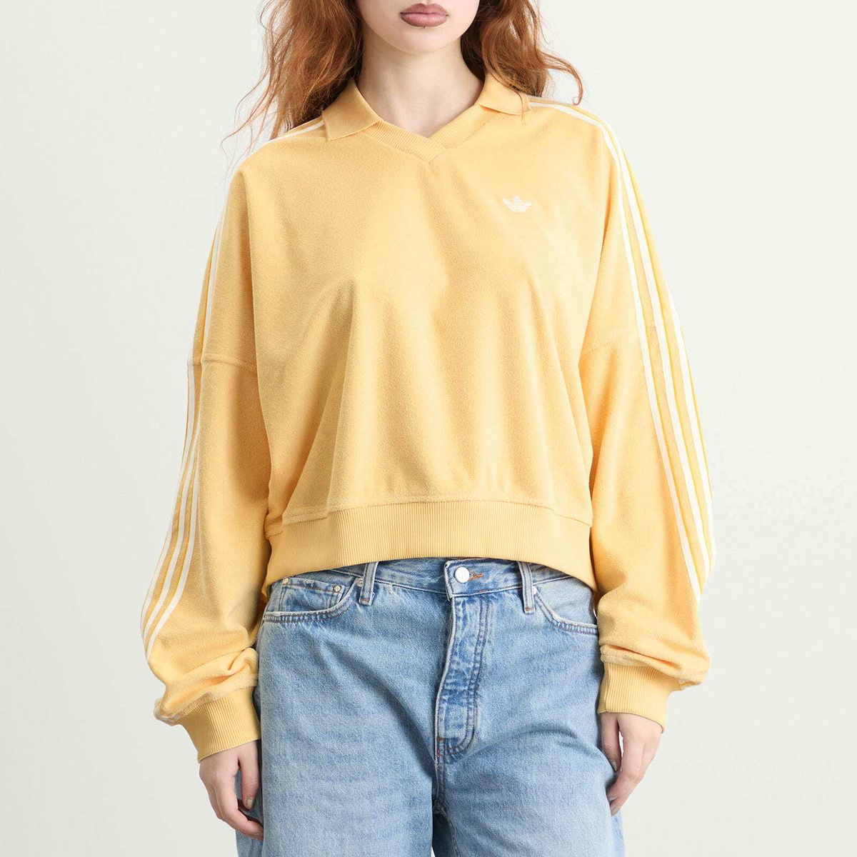 Adidas Women's Terry Towel V Neck Polo Top in Orange Tint