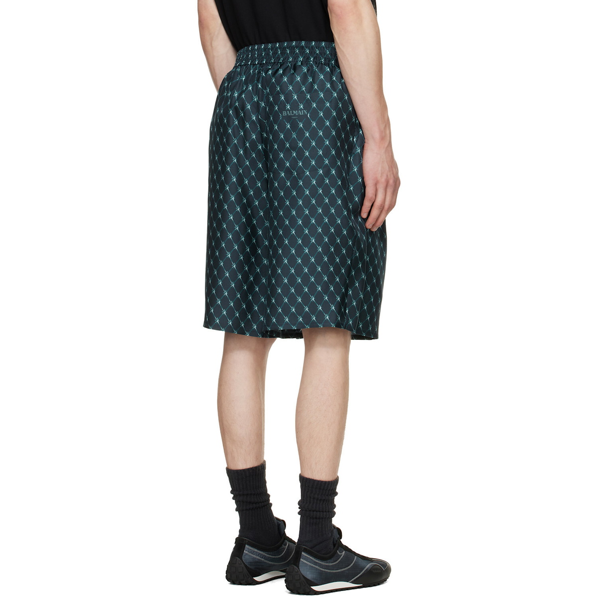 BALMAIN Blue Grid Print Silk Loose Pyjama Shorts