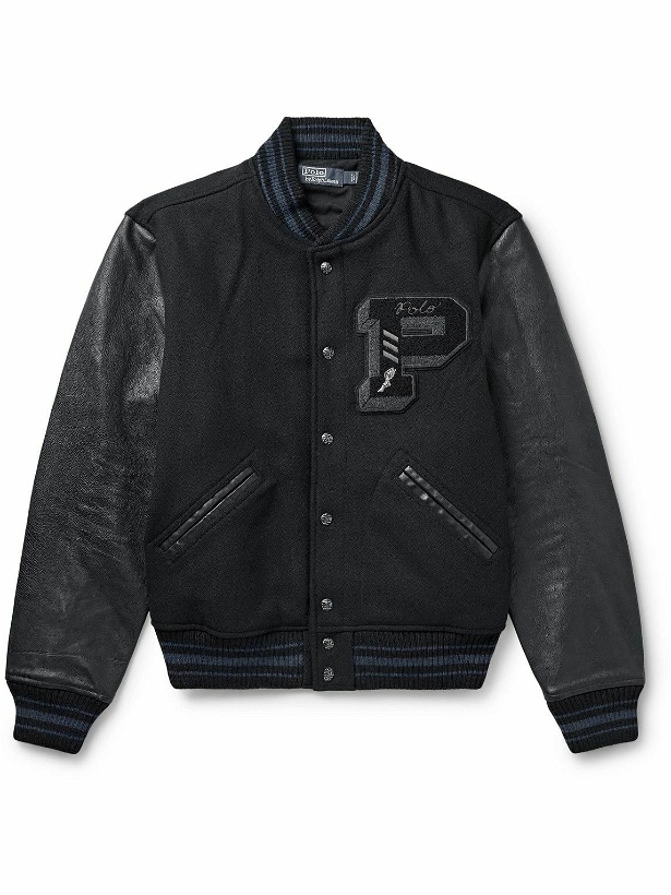 Photo: Polo Ralph Lauren - Logo-Appliquéd Embroidered Leather and Wool-Blend Varsity Jacket - Black