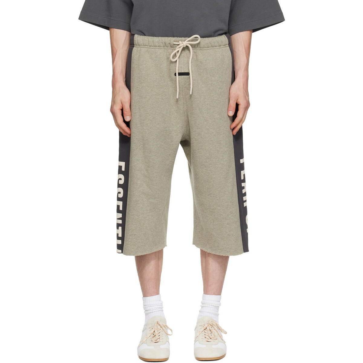 Fear of God ESSENTIALS Gray Panelled Raw Cut Off Sweat Shorts