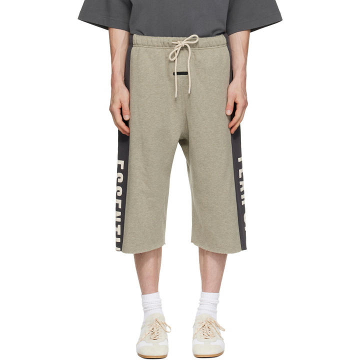 Photo: Fear of God ESSENTIALS Gray Panelled Raw Cut Off Sweat Shorts